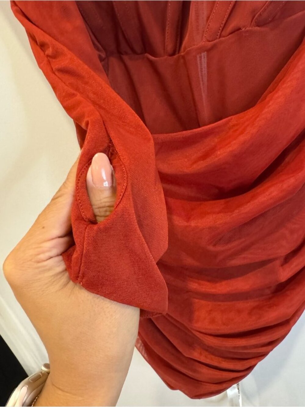 Mistress Rocks Rust Red Ruched Off Shoulder Mini Dress Size Small 0746 - Picture 5 of 13